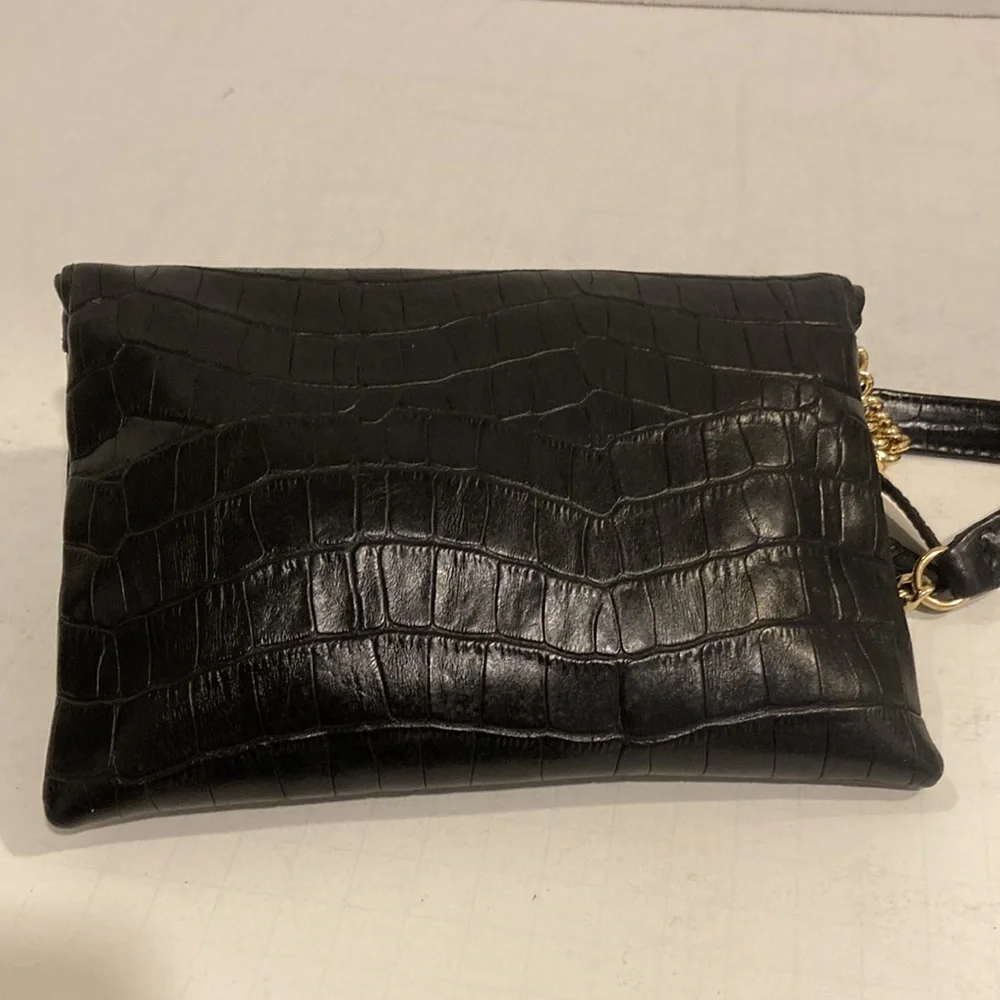 henri bendel Black Croc-Embossed Leather Wristlet Clutch with Gold Hardware